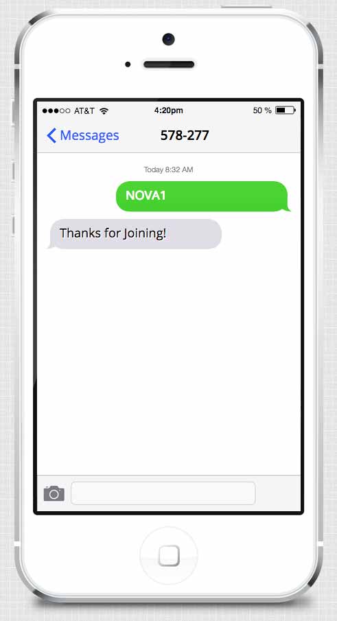 Text Message to Join The Supernova Loyalty Rewards Program Example.