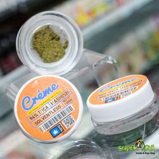 Front view of Creme Brand 94% THCA Solventless Hashish 1g packaging displaying product label and purity information